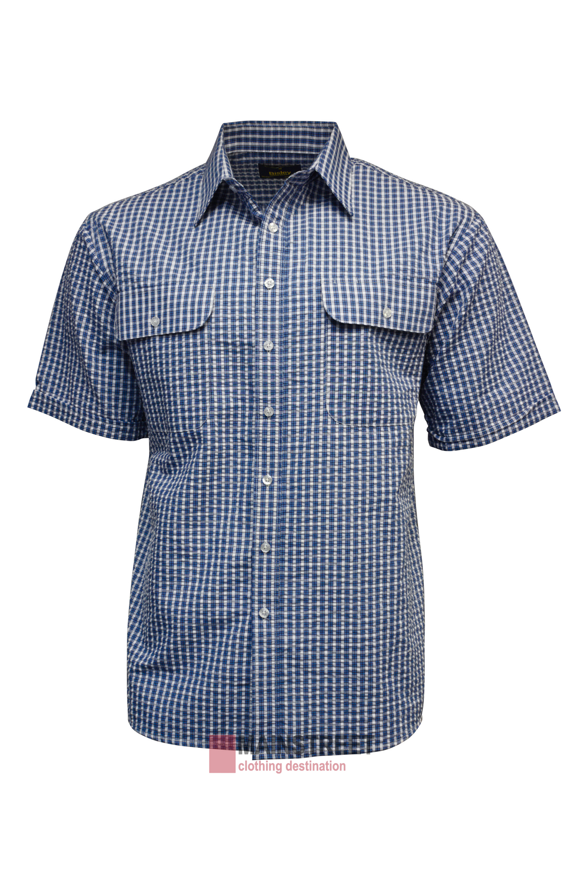 The Bisley Countryman Seersucker Short Sleeve Shirt is a blue and white checkered, polyester/cotton blend shirt with two chest pockets. It's presented against a white background, combining style and comfort.