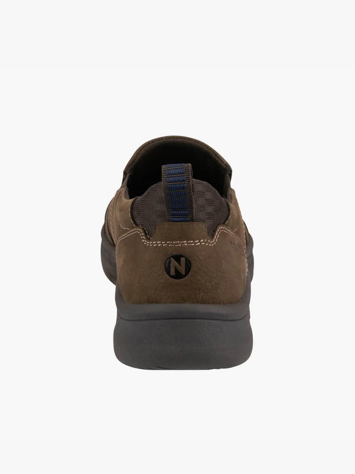 Rear view of the Florsheim Mac Mocc Slip On, a brown sustainable shoe with a dark gray sole, blue pull tab, and circular "N" logo on the heel.