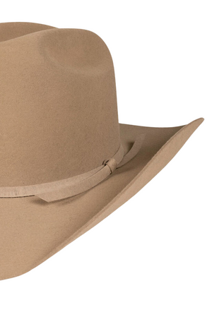 The Ringers Western Drafter Wool Hat is a tan cowboy hat made from 100% wool felt, featuring a wide brim and a simple ribbon band around the base of the crown. Positioned at a slight angle to showcase its classic western style, this wool hat stands out against the plain white background.