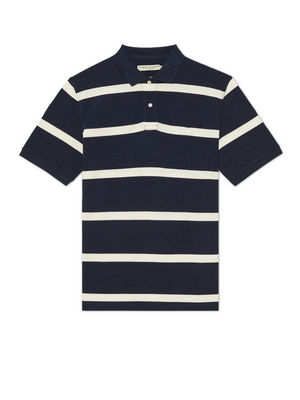 The RM Williams Rod Polo is a navy blue cotton pique shirt with white horizontal stripes, a collar, and three buttons. It features subtle longhorn embroidery on the chest and is displayed against a white background.