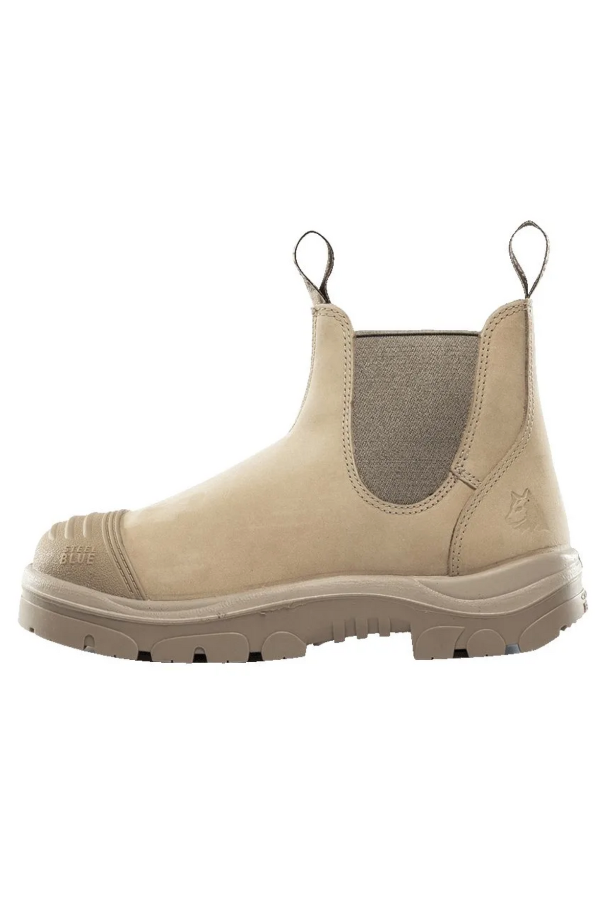 The Steel Blue Hobart Scuff Cap Elastic Sided Safety Boot is a tan, ankle-high work boot featuring a 200J steel toe cap, elastic side panels for ease, and pull tabs for convenience. With an Ortho Rebound® Footbed and rugged sole, it ensures durability and traction on any job site.
