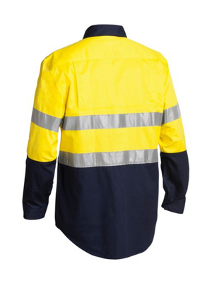 The Bisley Taped Hi Vis Closed Front Cool Lightweight Shirt features a yellow upper, navy lower body and sleeves, plus two horizontal silver reflective stripes across the back and arms for enhanced visibility.