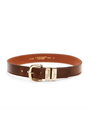 Introducing the RM Williams Drover Belt, crafted in Australia from brown pull-up leather, featuring a gold buckle with embossed branding on both the buckle and inner strap. Coiled elegantly, it sits against a pristine white background.