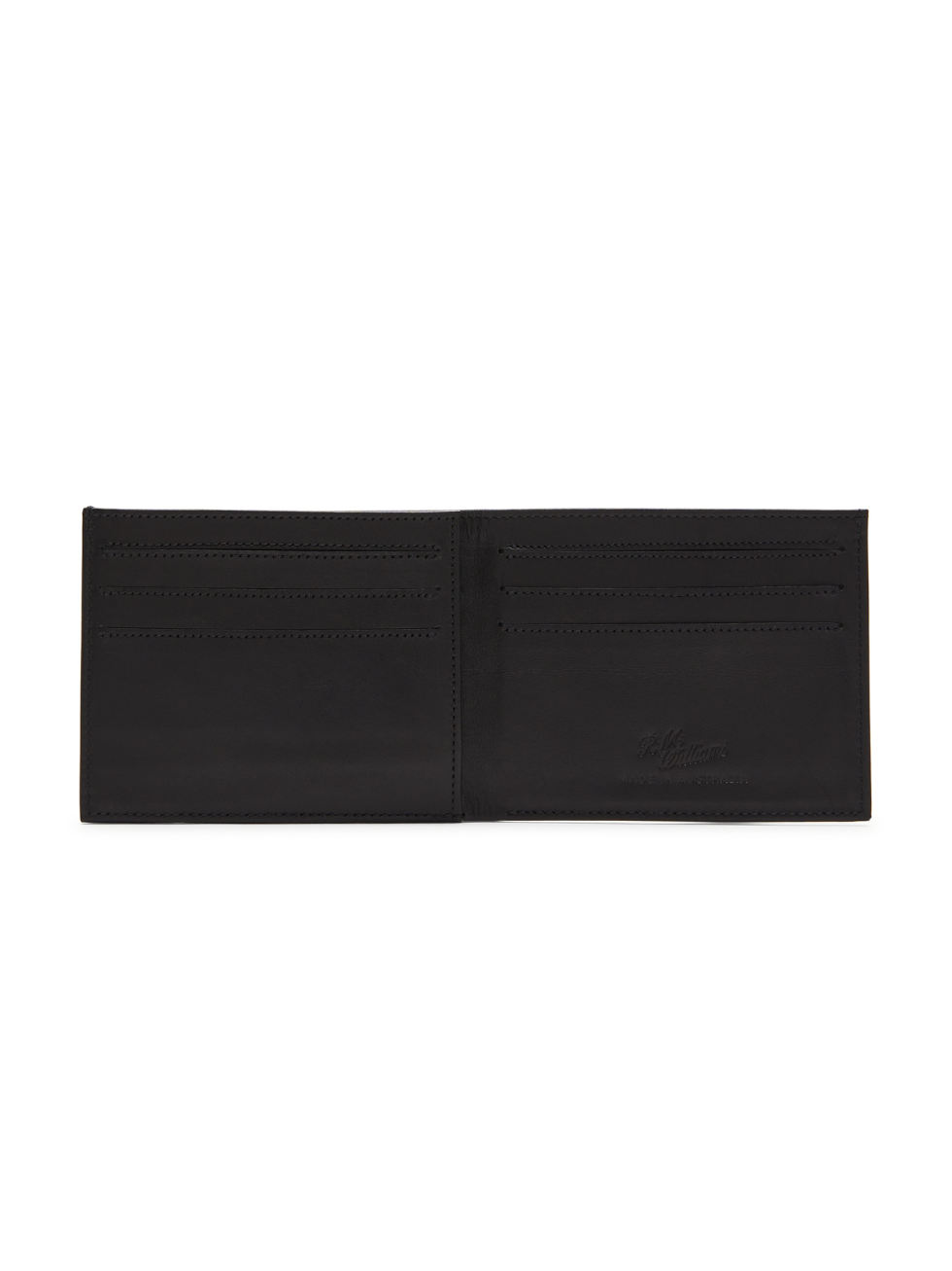The RM Williams Singleton Bi-fold Wallet is crafted from open black calf leather and features multiple card slots on each side. Its plain interior is logo-embossed subtly on the right.