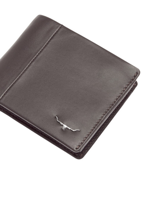 The RM Williams Wallet with Coin Pocket is a brown leather bi-fold featuring a small silver longhorn emblem in the corner and an embossed R.M.Williams Script logo, shown on a white background.