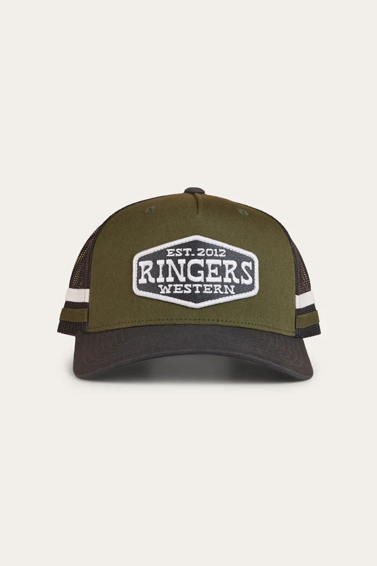 The Ringers Western Banks Trucker Cap features olive green and black cotton twill, white mesh side stripes, a front patch reading "EST. 2012 RINGERS WESTERN," and an adjustable snapback closure.