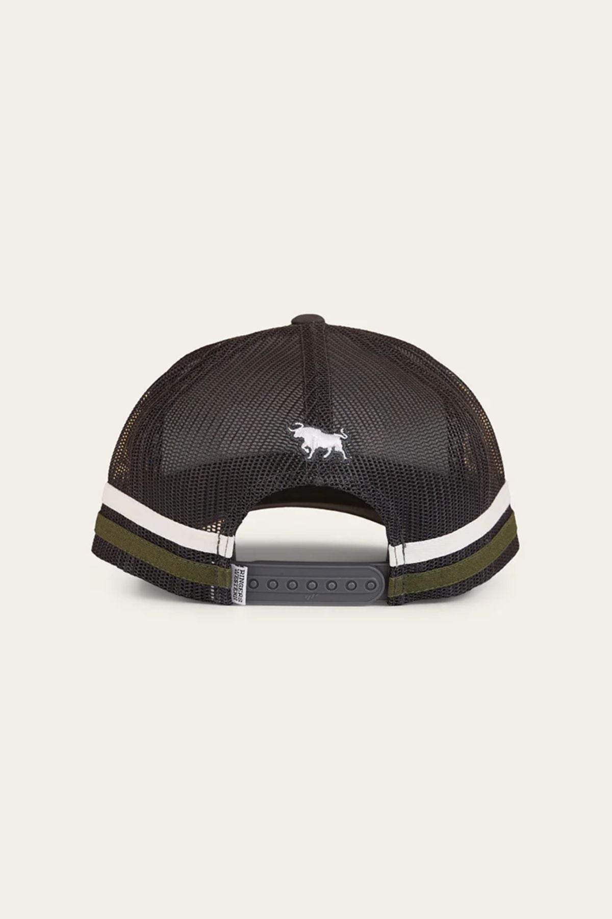 The Ringers Western Banks Trucker Cap features black mesh, a small white animal logo above the adjustable snapback closure, and two stripes—white and green—near the base. Classic snapback design ensures an easy fit.