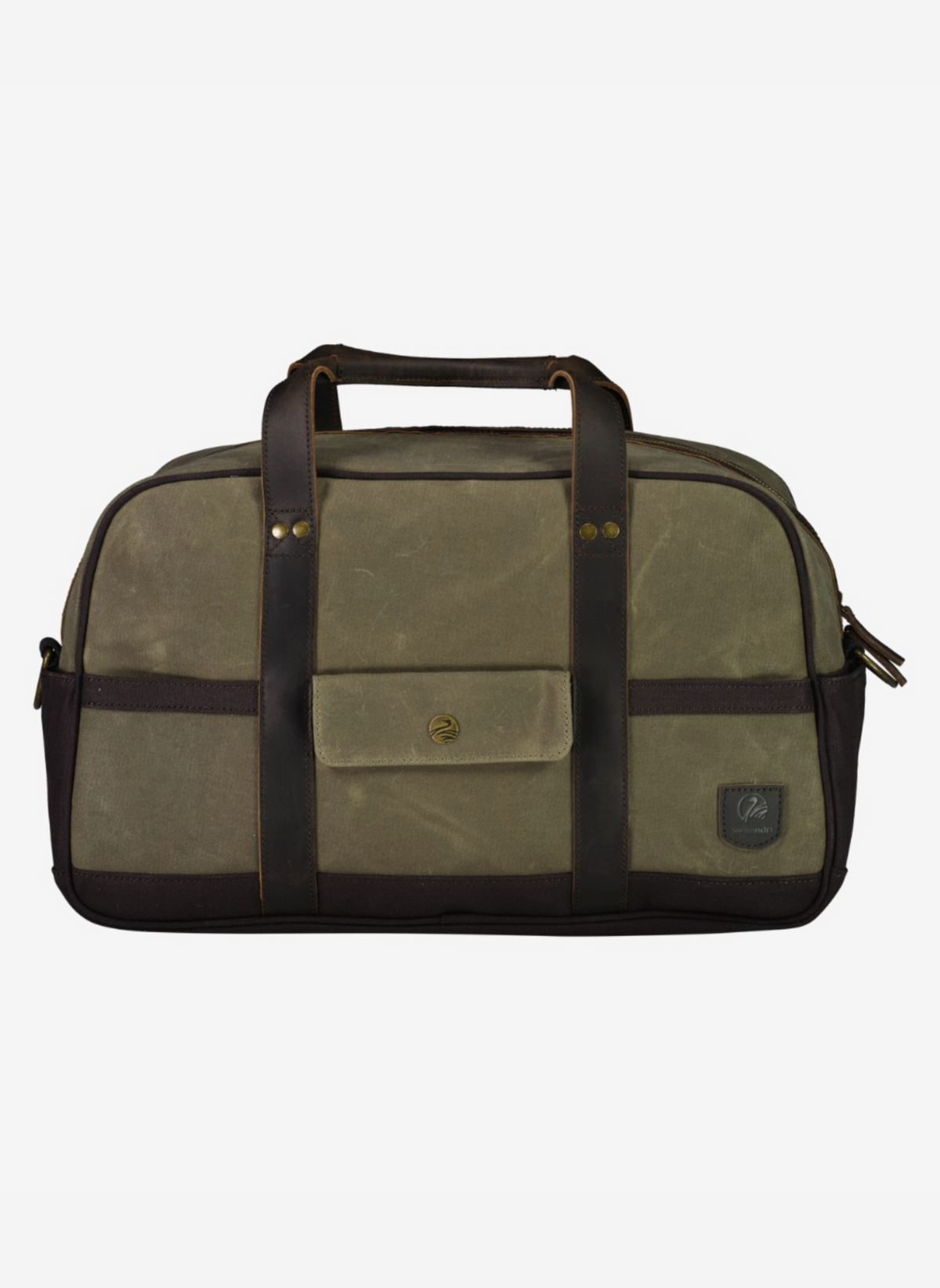 The Swanndri Kingston Canvas Overnighter is a green and brown wax canvas duffel bag with black leather handles, a front pocket with snap button closure, side compartments, and Swanndri hardware detailing in a minimalist design.