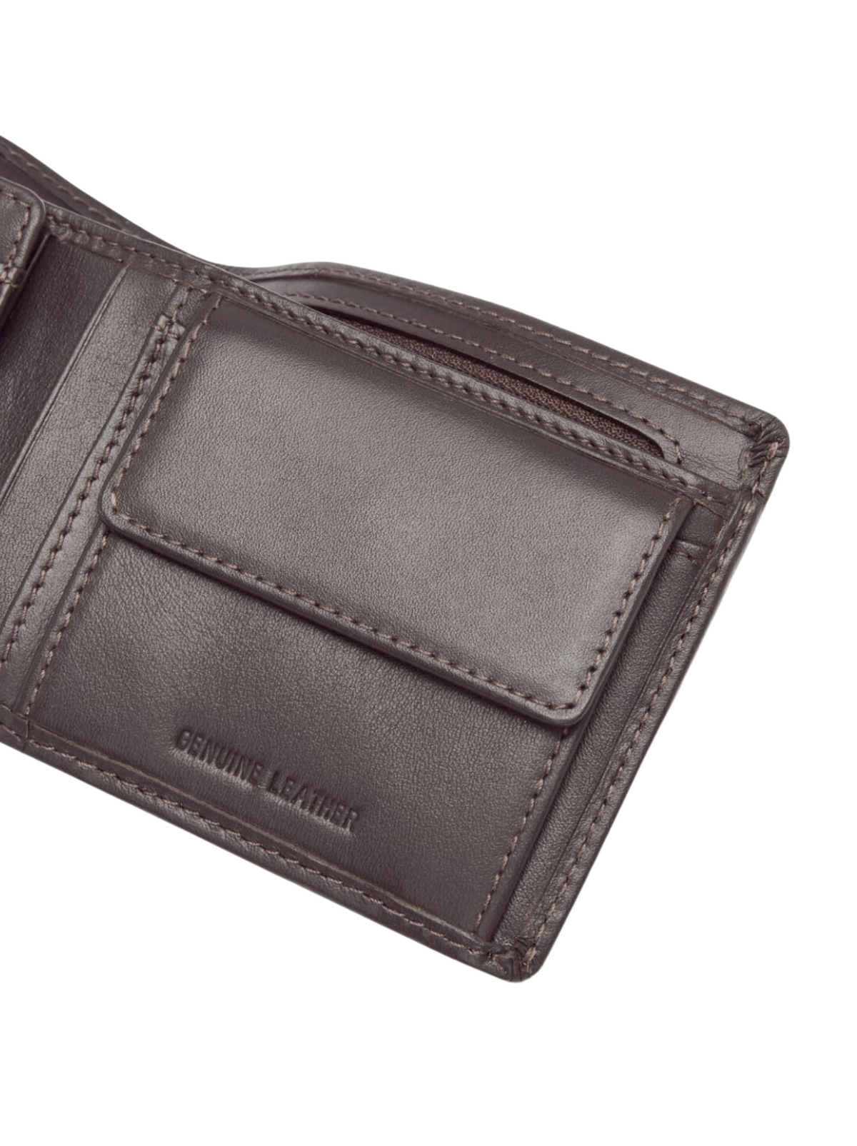 A close-up of the RM Williams Wallet with Coin Pocket, crafted from yearling leather, open to reveal a brown bi-fold design and "GENUINE LEATHER" embossed inside.
