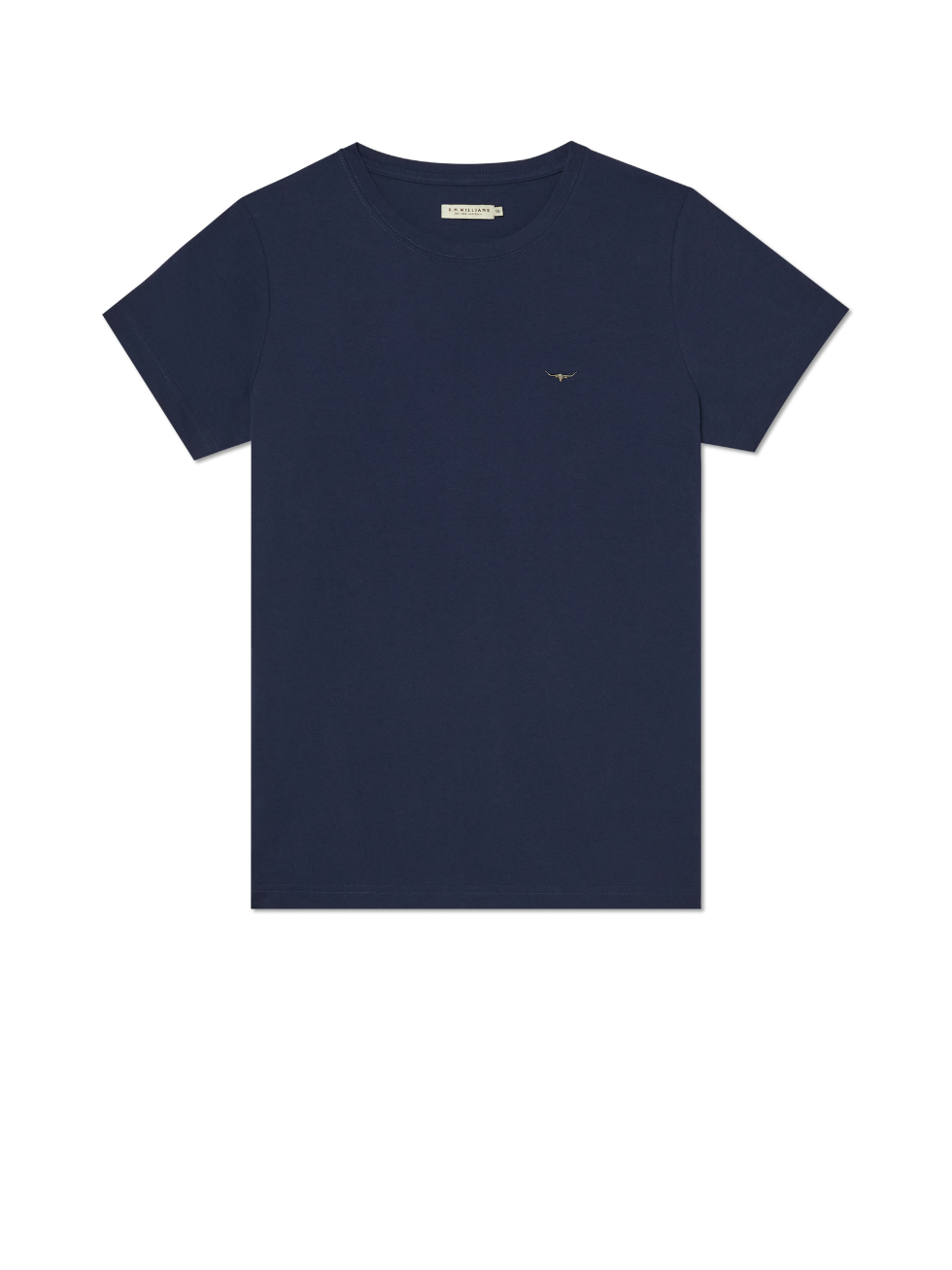 The RM Williams Piccadilly T-Shirt in navy blue has short sleeves, a small longhorn embroidery on the chest, and is made from soft cotton jersey.