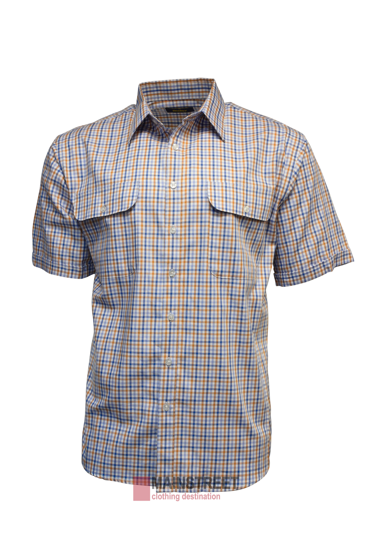 The Bisley Countryman Cotton Short Sleeve Shirt features a button-up design with blue, orange, and white checks. It has two buttoned chest pockets and a classic collar, combining style and functionality.