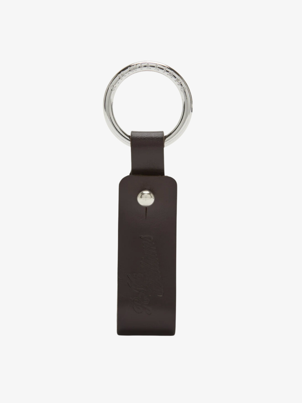 The RM Williams Pioneer Key Fob is a dark brown, Australian-made leather key fob with a silver metal keyring, single rivet, and embossed text on the double butt leather strip.