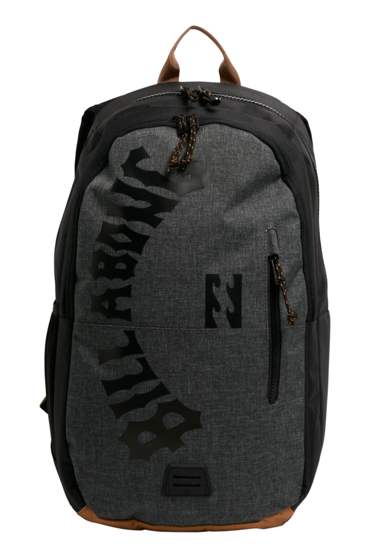 Meet the Billabong Norfolk Backpack, crafted from recycled polyester in sleek gray and black. This stylish bag features a top handle, zipper closure, multiple compartments including a padded laptop area, and bold graphic logo with brown accents for added sophistication.