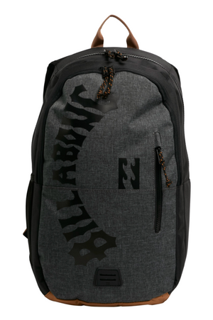 Meet the Billabong Norfolk Backpack, crafted from recycled polyester in sleek gray and black. This stylish bag features a top handle, zipper closure, multiple compartments including a padded laptop area, and bold graphic logo with brown accents for added sophistication.