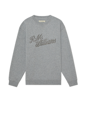 The RM Williams R.M.W Script Crew Neck is a grey cotton blend jumper with an embroidered "R.M. Williams" cursive logo on the front, featuring ribbed cuffs, collar, and hem for a classic finish.