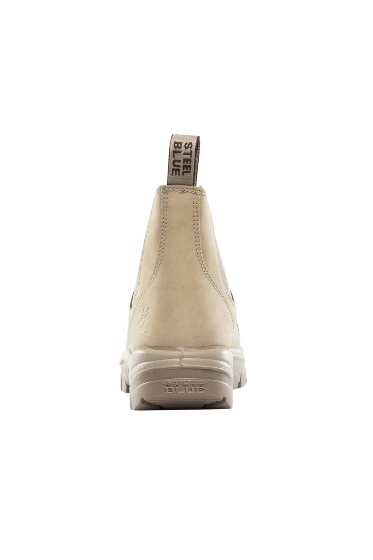A rear view of the beige Steel Blue Hobart Scuff Cap Elastic Sided Safety Boot showcases a pull tab inscribed with "STEEL BLUE." The sole is slightly elevated and embossed with the STEEL BLUE logo. This safety boot includes an Ortho Rebound® Footbed for comfort and a 200J steel toe cap for protection.