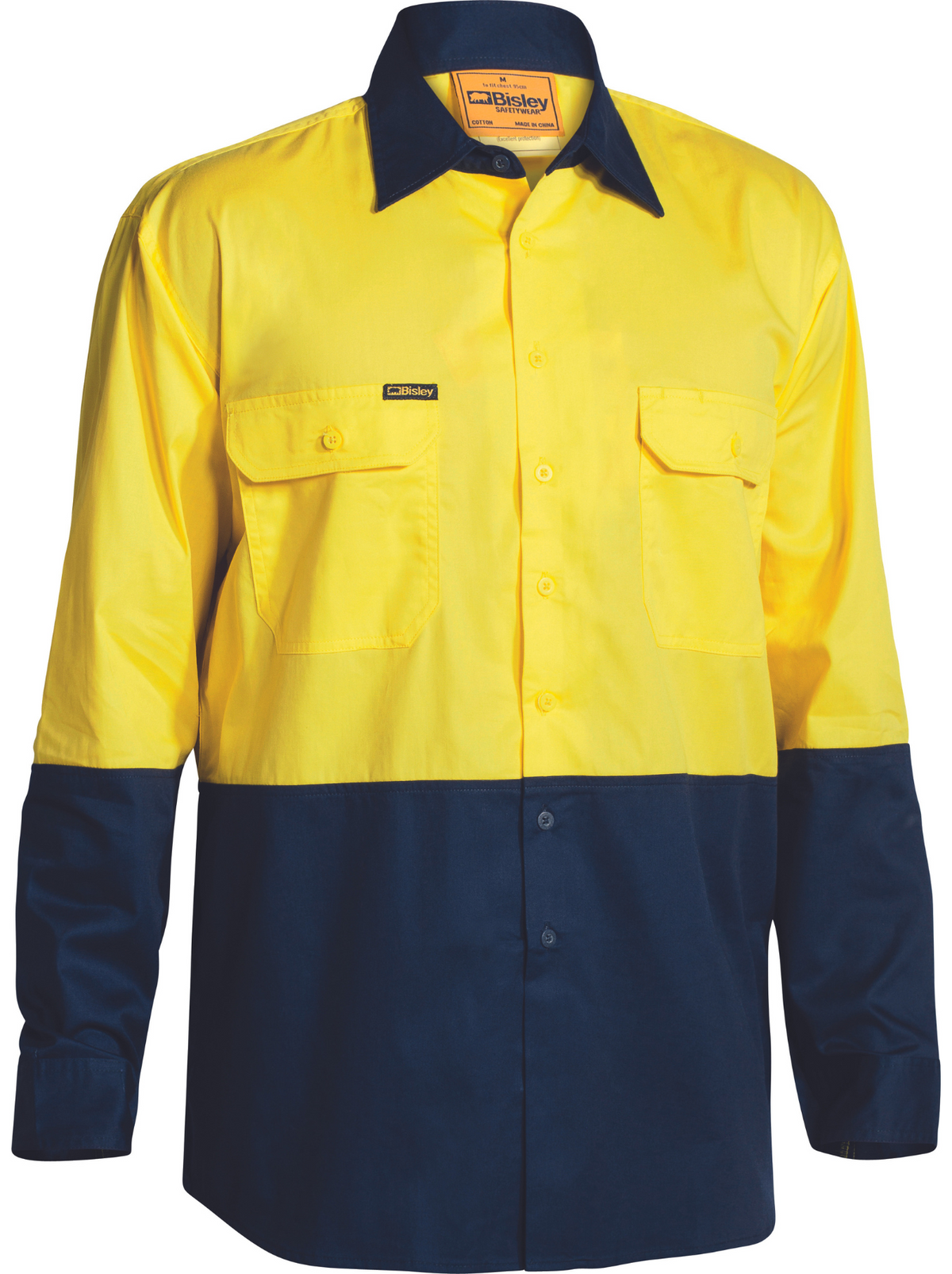 The Bisley Hi Vis Cool Lightweight Drill Shirt is a long-sleeved workwear piece featuring a bright yellow top and dark blue bottom. Made from 100% cotton preshrunk fabric, it offers ventilation for comfort. It has two chest pockets, a collar, and a small logo on the upper pocket for style and functionality.