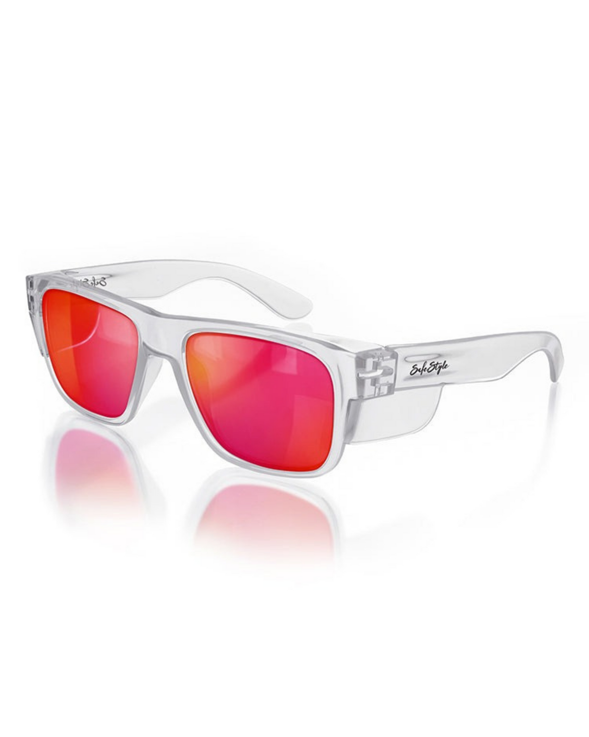 The SafeStyle Fusions sunglasses boast a clear frame with polarized, reflective red lenses for UV protection and a striking look. They feature shatterproof polycarbonate lenses and temples with an engraved logo, all beautifully presented on a white, reflective surface.