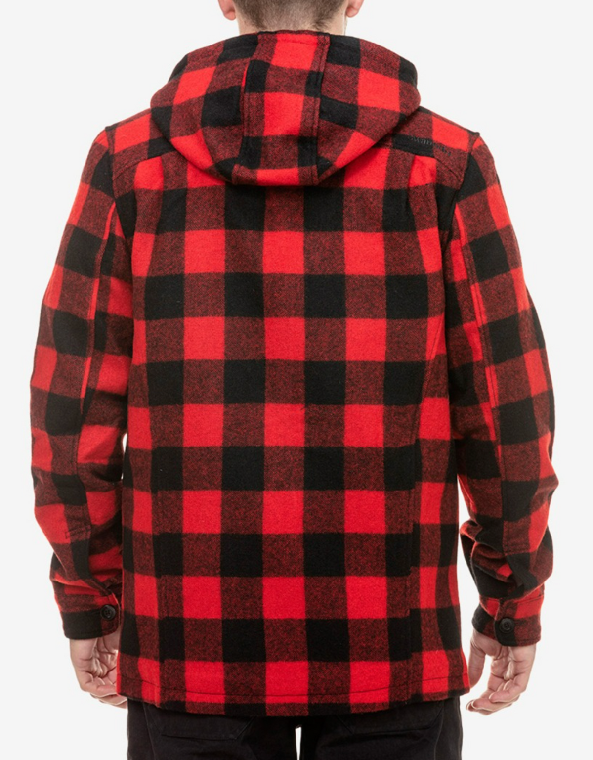 A person is standing facing away from the camera, wearing a Swanndri Hudson Hoody made from 100% New Zealand Wool. The hoody features a red and black checkered pattern with large, alternating squares. The YKK zip secures the front while the white background highlights the vibrant colors.