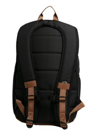 The Billabong Norfolk Backpack in black has padded straps, brown accents, and a sleek design. Made from recycled polyester, it features a padded laptop compartment. Upright with adjustable buckles and a top loop, it's ideal for daily use.
