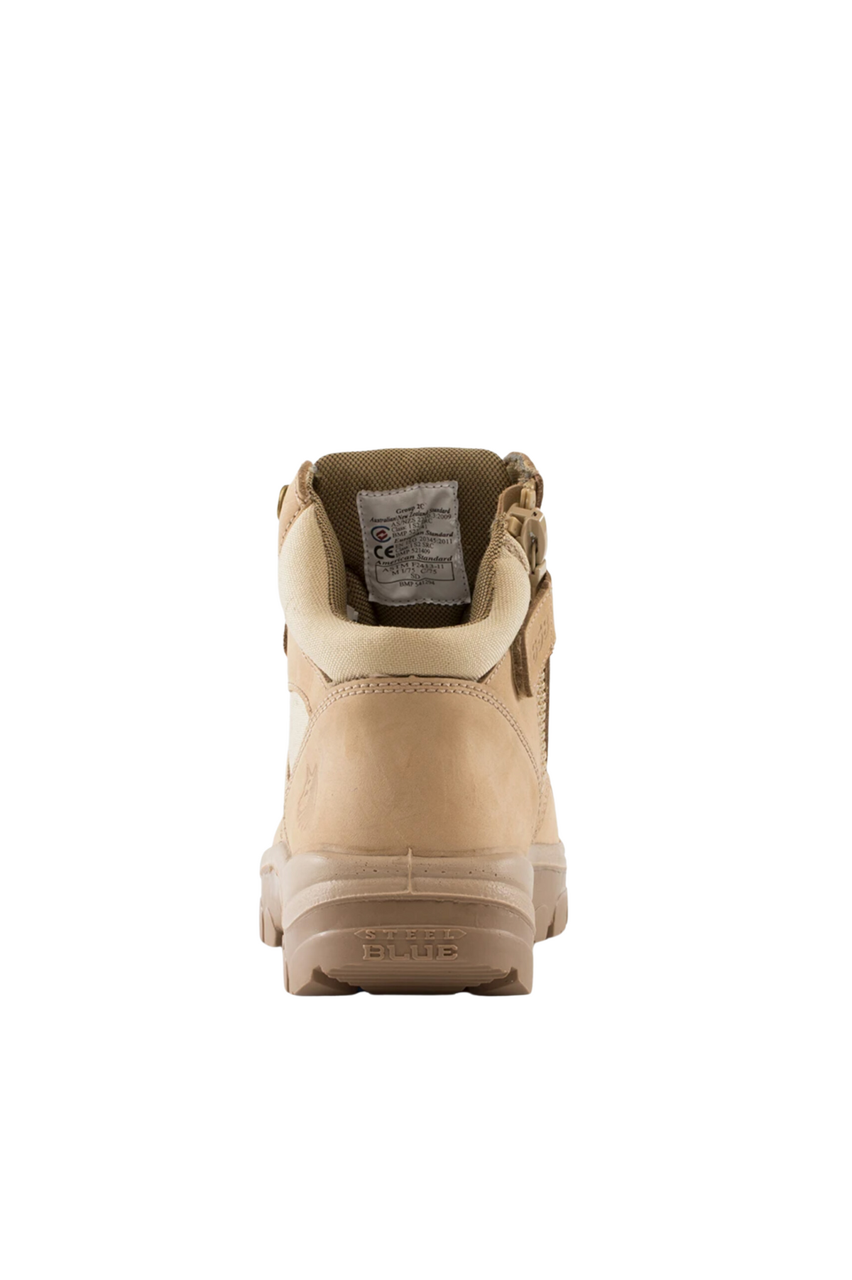 The Steel Blue Parkes Zip Scuff Cap Boot in tan showcases a chunky sole and padded ankle support when viewed from the back. It features a partially padded collar and a visible tag inside the boot's rear. The robust stitching and structure highlight its durability, making it ideal for heavy-duty work, with an added heat-resistant outsole for enhanced protection.