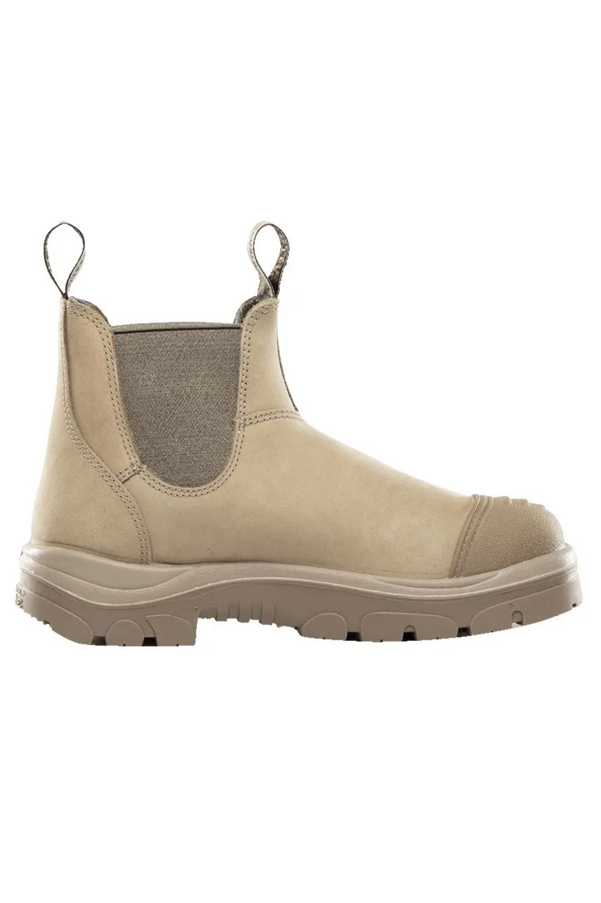 A side view of the tan Chelsea boot with elastic side panels and pull tabs on the front and back. This Steel Blue Hobart Scuff Cap Elastic Sided Safety Boot features a rugged sole designed for durability, a 200J steel toe cap, and an Ortho Rebound® Footbed for ultimate outdoor wear.