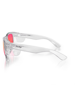 The SafeStyle Fusions boast a clear frame and mirror red polarized lenses viewed from the side on a white background. These stylish shades offer shatterproof polycarbonate lenses with UV protection and durability for sunny days.