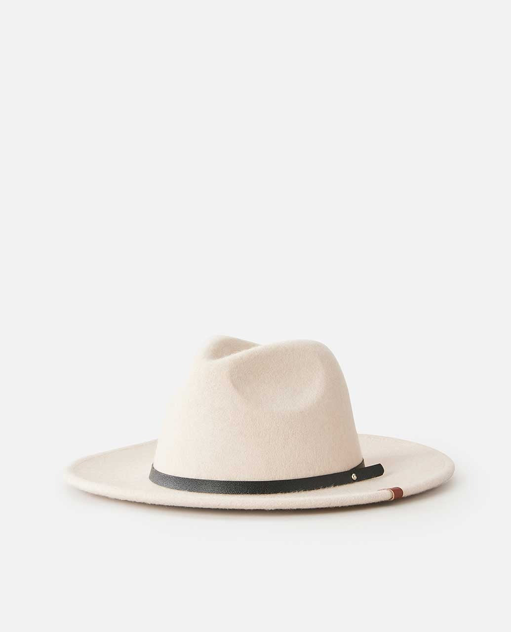 The Rip Curl Nevada Wool Panama is a cream-colored wide-brimmed fedora with a stylish black leather headband and a subtle red and white accent, presented on a plain white background.