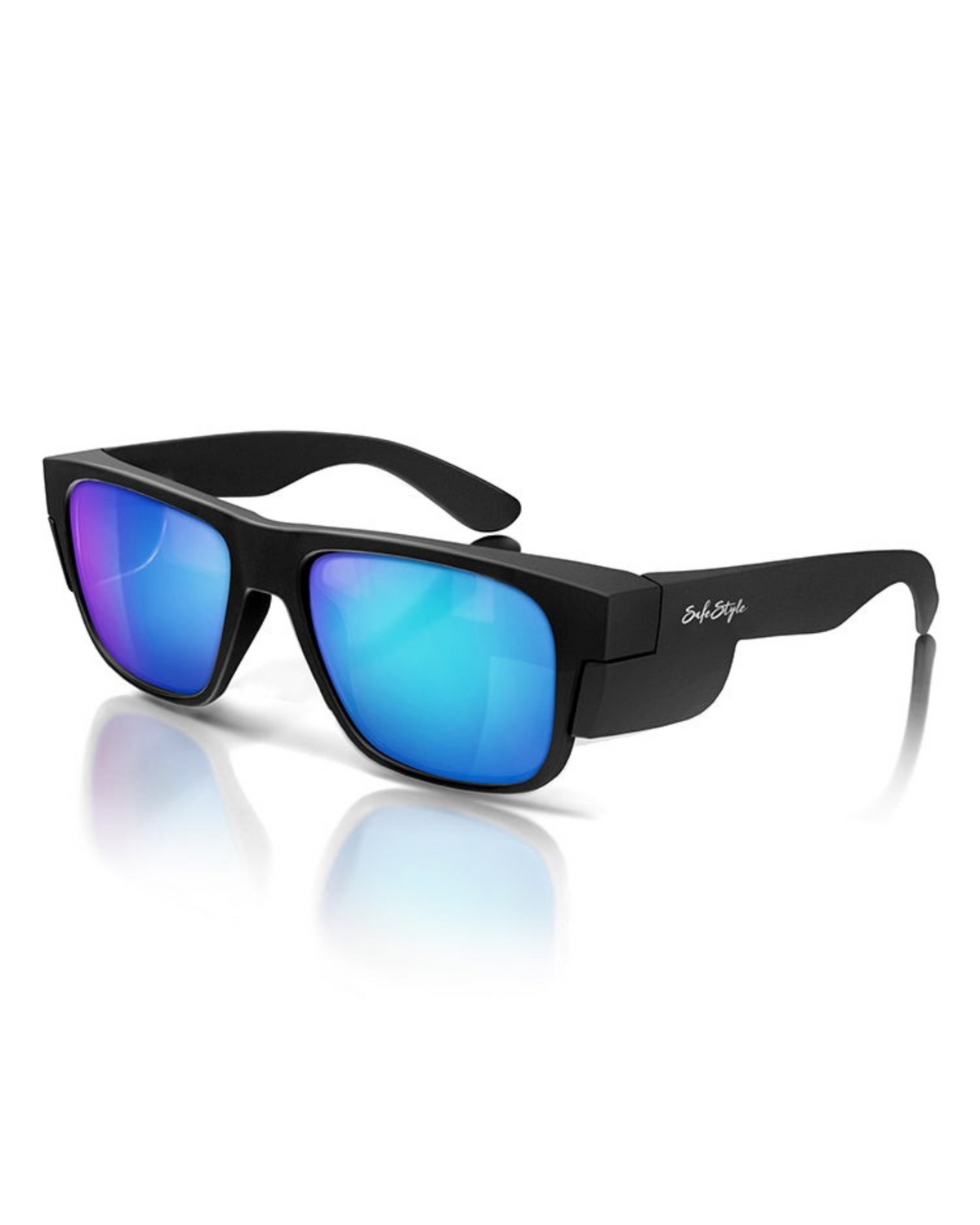 The SafeStyle Fusions feature a matte black frame with mirror blue polarised lenses, UV protection, and white logo on the arms. Displayed at an angle on a white background, these sunglasses cast a subtle reflection below.