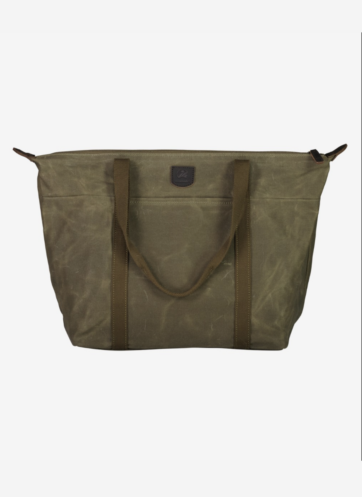 The Swanndri Queenstown Tote Bag is crafted from olive green cotton waxed canvas, featuring two short handles, a long shoulder strap, zipper closure, front logo patch, and a dedicated laptop compartment. Shown on a plain white background.