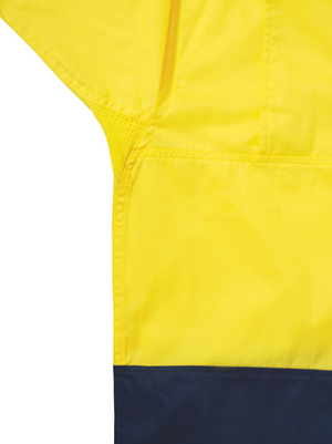 A close-up of the Bisley Hi Vis Cool Lightweight Drill Shirt displays a vibrant yellow top and dark blue bottom. The 100% cotton preshrunk fabric with visible stitching includes mesh ventilation in the underarm area, highlighting part of a sleeve and torso.