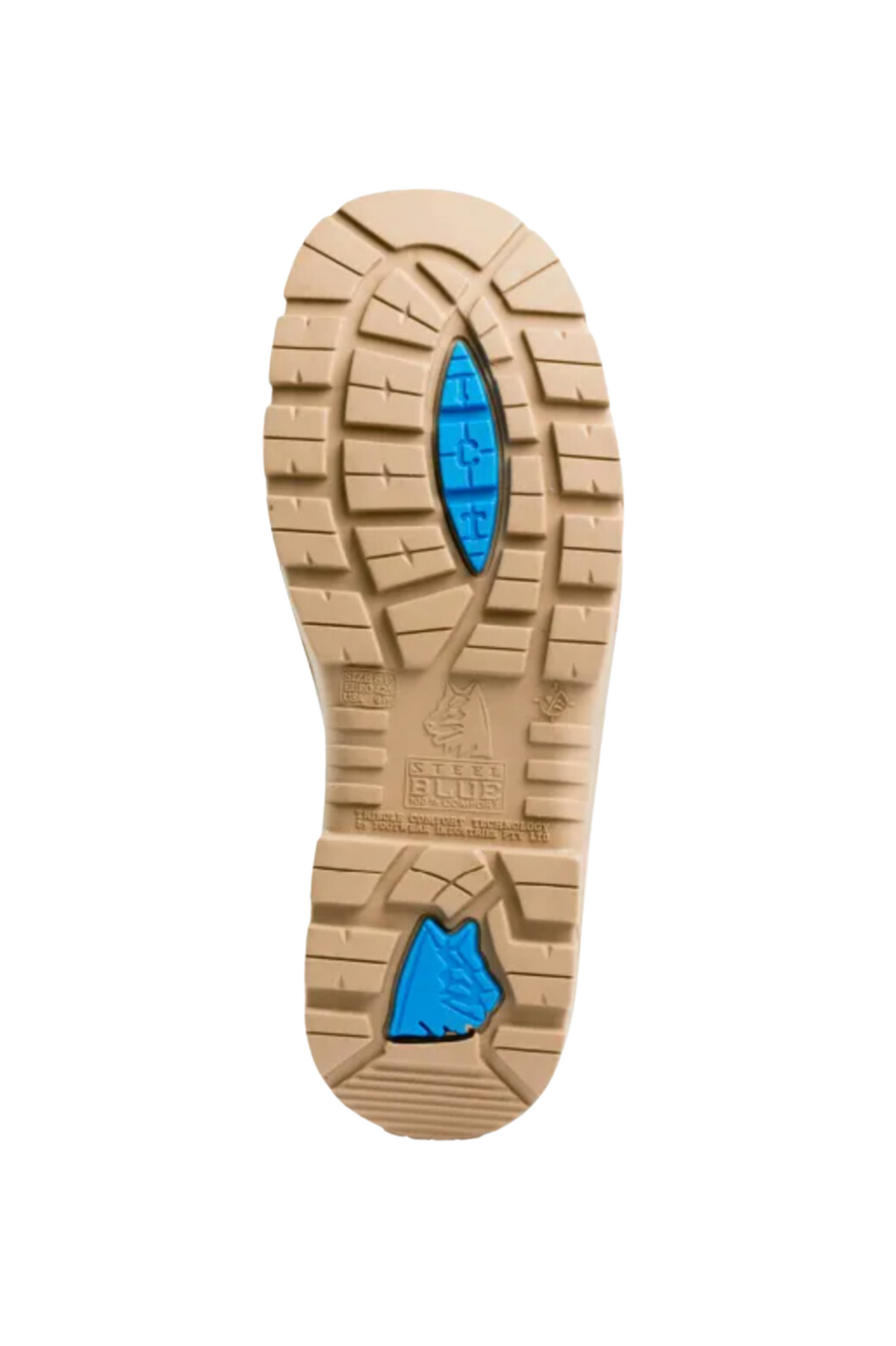 The image showcases the sole of a Steel Blue Hobart Scuff Cap Elastic Sided Safety Boot with blue inserts in the heel and arch areas. It features a rugged tread pattern for optimal grip and branding text near the center, highlighting its durable design with an Ortho Rebound® Footbed for comfort.