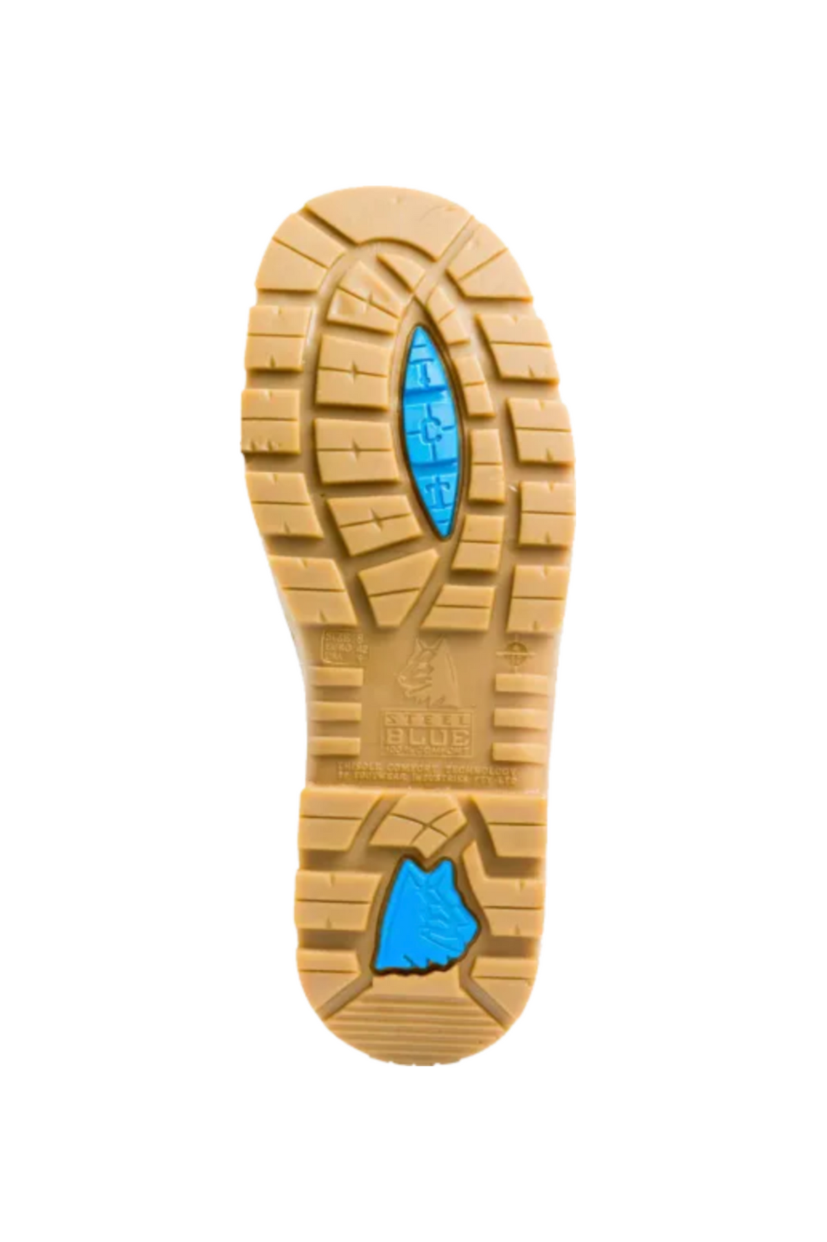 The image shows the sole of a tan-colored Steel Blue Argyle Zip Scuff Cap Boot with various tread patterns for grip. The heel and ball areas of the sole feature blue rubber inserts providing additional traction. The name "Steel Blue" and the boot model are embossed into the middle of the sole, similar to Blundstone boots' design.