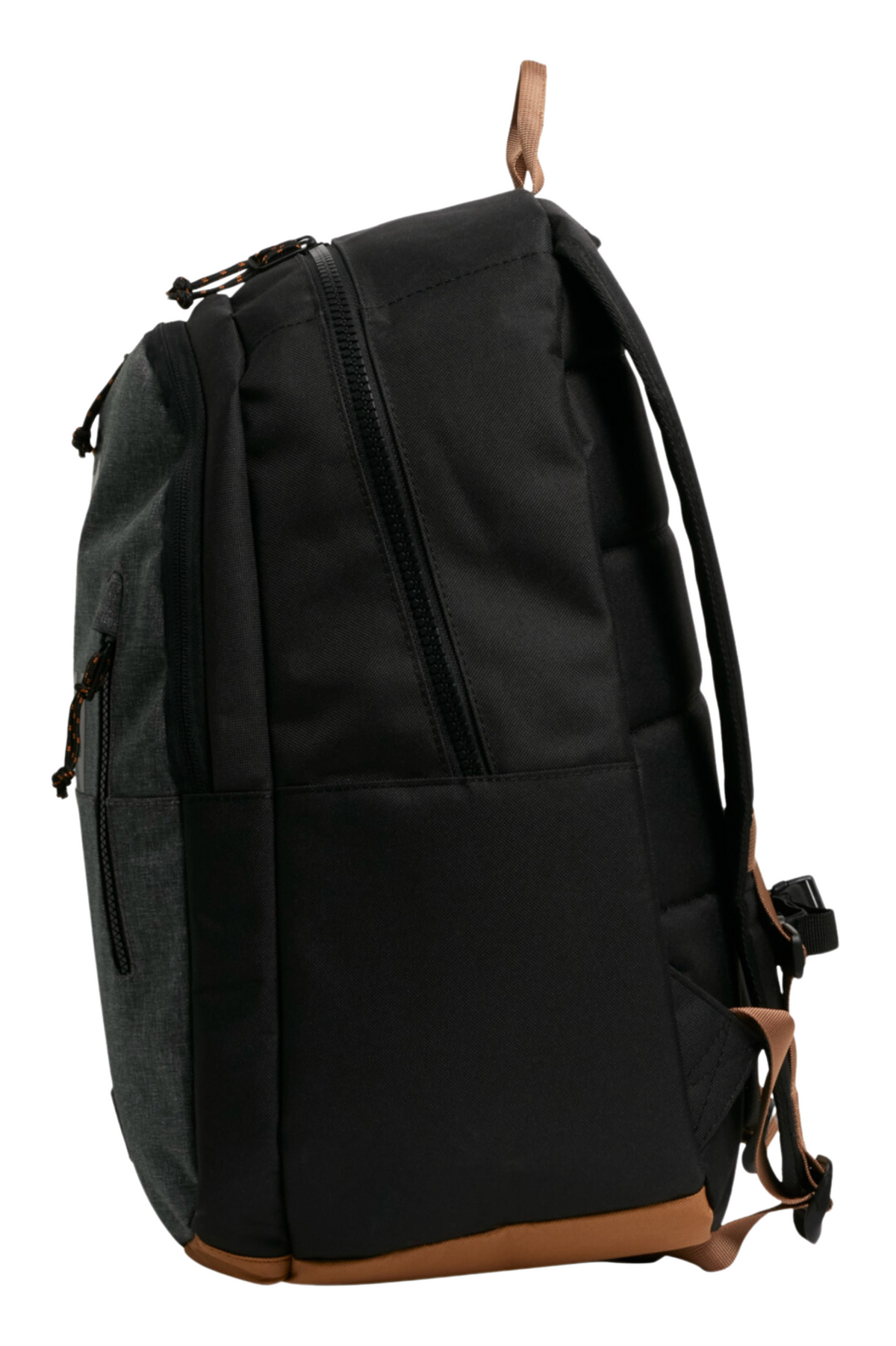 Side view of the Billabong Norfolk Backpack in black and dark gray, featuring a brown strap, visible zippers, and multiple compartments. Made from recycled polyester with a padded laptop compartment for protection.