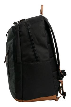 Side view of the Billabong Norfolk Backpack in black and dark gray, featuring a brown strap, visible zippers, and multiple compartments. Made from recycled polyester with a padded laptop compartment for protection.