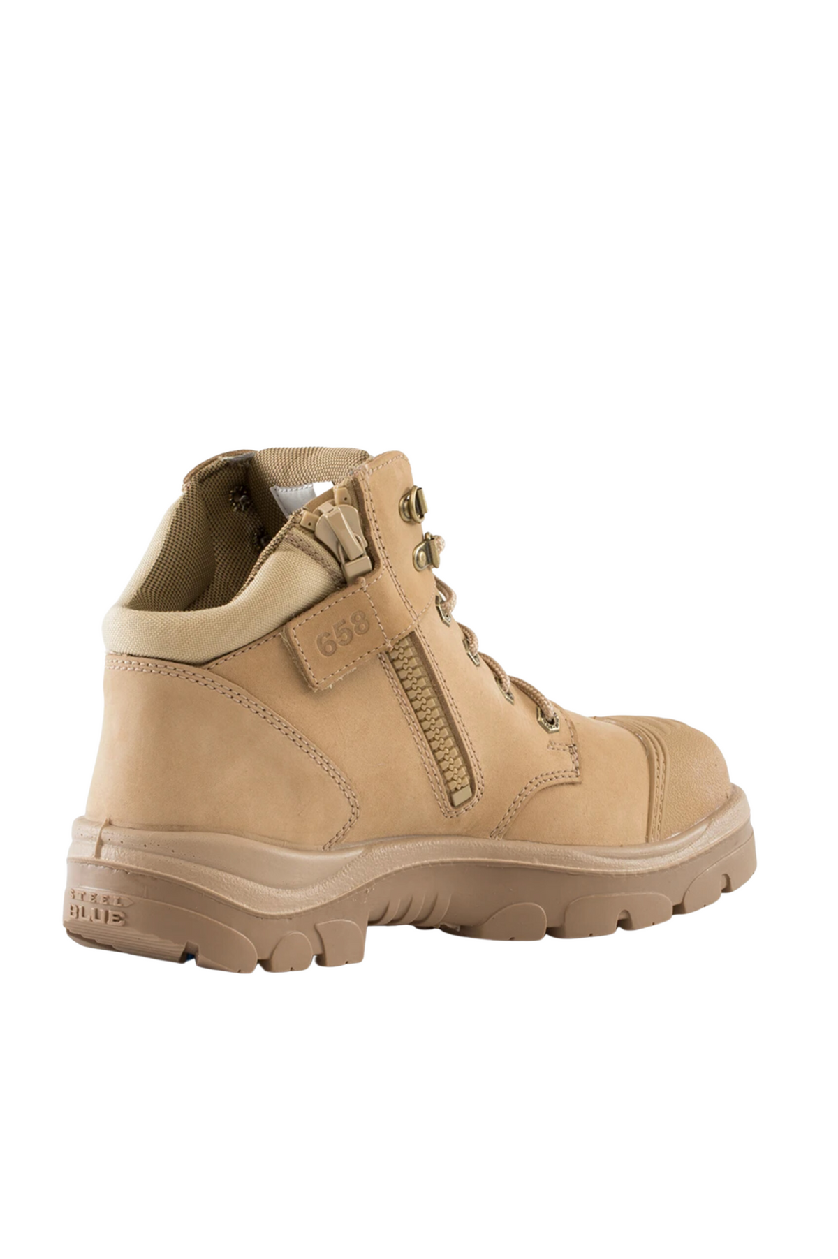 The Steel Blue Parkes Zip Scuff Cap Boot in tan features a heavy-duty design with a convenient side zipper, metal eyelets, sturdy laces, and a rugged sole that ensures durability and support. The heel is adorned with text, the robust stitching highlights its durable construction, and it includes a heat-resistant outsole for enhanced safety.