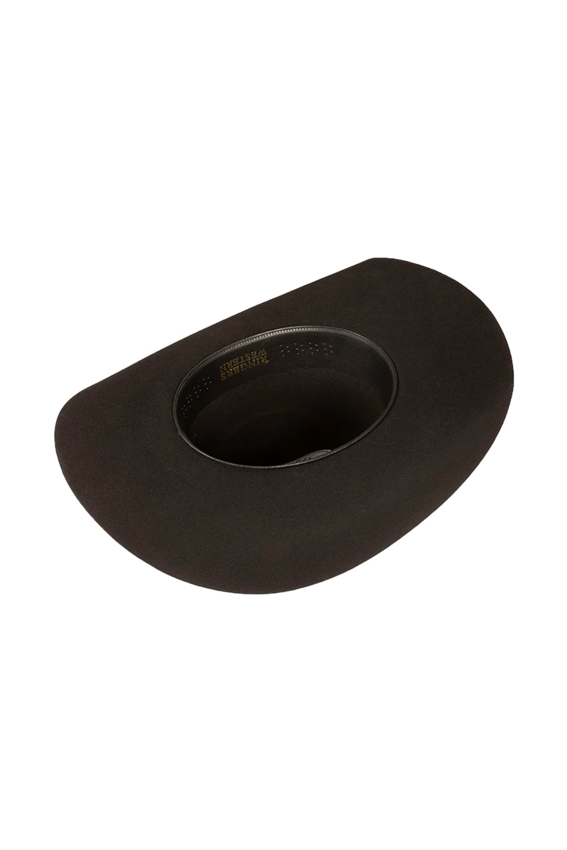 The Ringers Western Drafter Wool Hat, shown in black and turned upside down, reveals its inner band and lining. The hat features a smooth, felt-like wool texture.