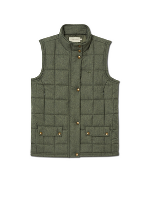 The RM Williams Wilpena Creek Vest is an olive green quilted vest made from recycled polyester, featuring a high collar, snap-button closure, two front pockets with buttoned flaps, and a subtle grid pattern for an active lifestyle with an eco-friendly edge.