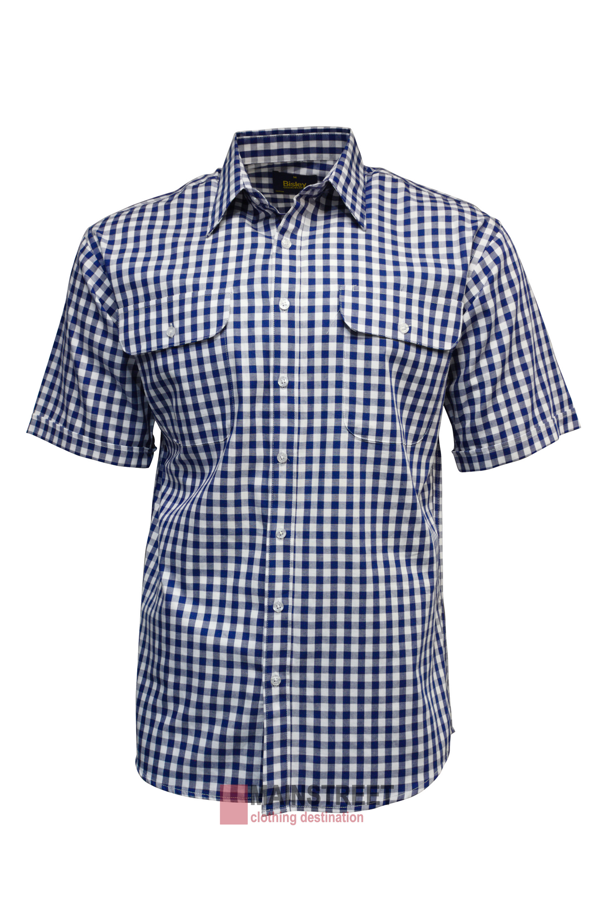 The Bisley Countryman Cotton Short Sleeve Shirt showcases a blue and white checkered design with short sleeves, a button-up front, and convenient front pockets.