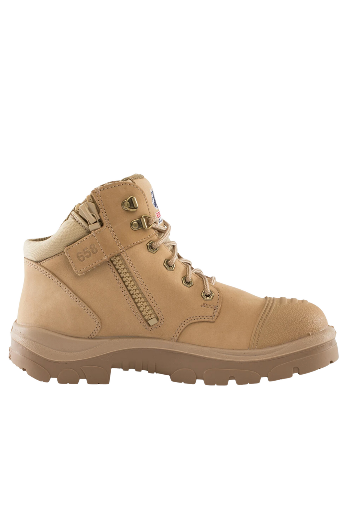 Introducing the Steel Blue Parkes Zip Scuff Cap Boot: a durable tan work boot equipped with a thick, rugged, heat-resistant outsole and reinforced safety steel toe. It features laces and a side zipper for easy wear, with the number "656" displayed near the top. The boot utilizes metal eyelets and hooks for lacing, and has a padded collar for added comfort.