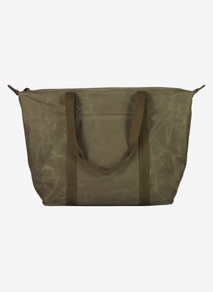 The Swanndri Queenstown Tote Bag is a large olive green waxed cotton tote with two dark brown shoulder straps, a front pocket, and a roomy laptop compartment, shown against a plain white background.