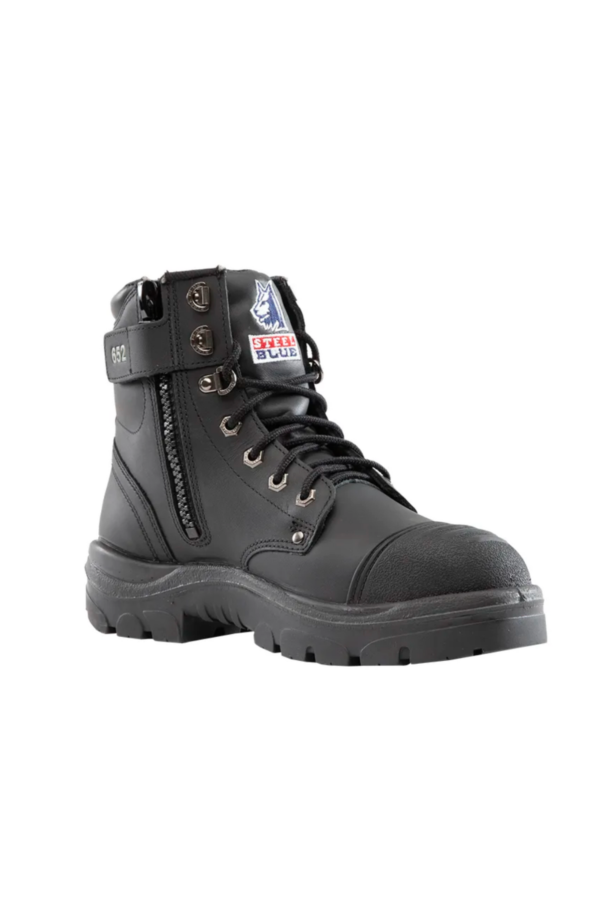 Introducing the Steel Blue Argyle Zip Scuff Cap Boot, a black footwear option specifically designed for construction workers. This boot features a safety steel toe, side zipper, lace-up front, reinforced toe cap, and rugged rubber sole. It proudly displays a patch with "Steel Blue" and has the number "652" printed near the top.