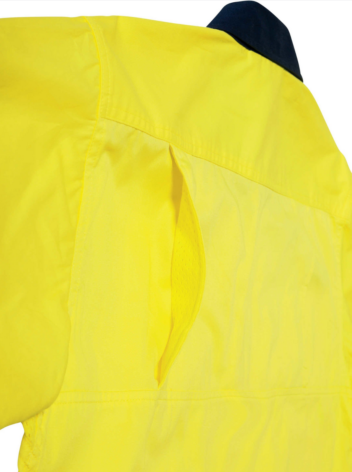 Close-up of the back of a yellow Bisley Hi Vis Cool Lightweight Drill Shirt, showing a vertical cotton mesh vent for breathability. Features a dark collar and is made from preshrunk cotton drill for comfort and durability.