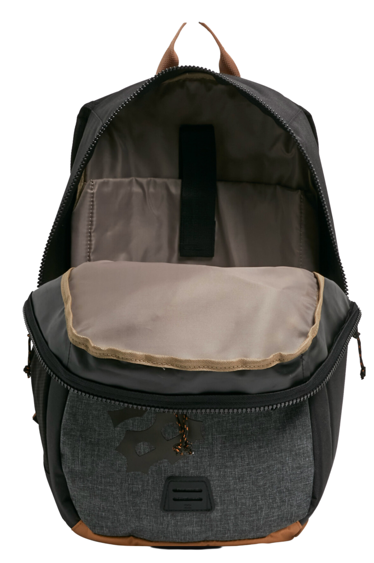 The Billabong Norfolk Backpack is made from recycled polyester with a black and gray open design. It features a padded laptop compartment, front pocket, spacious inner compartment, light brown interior lining, and a carrying handle.