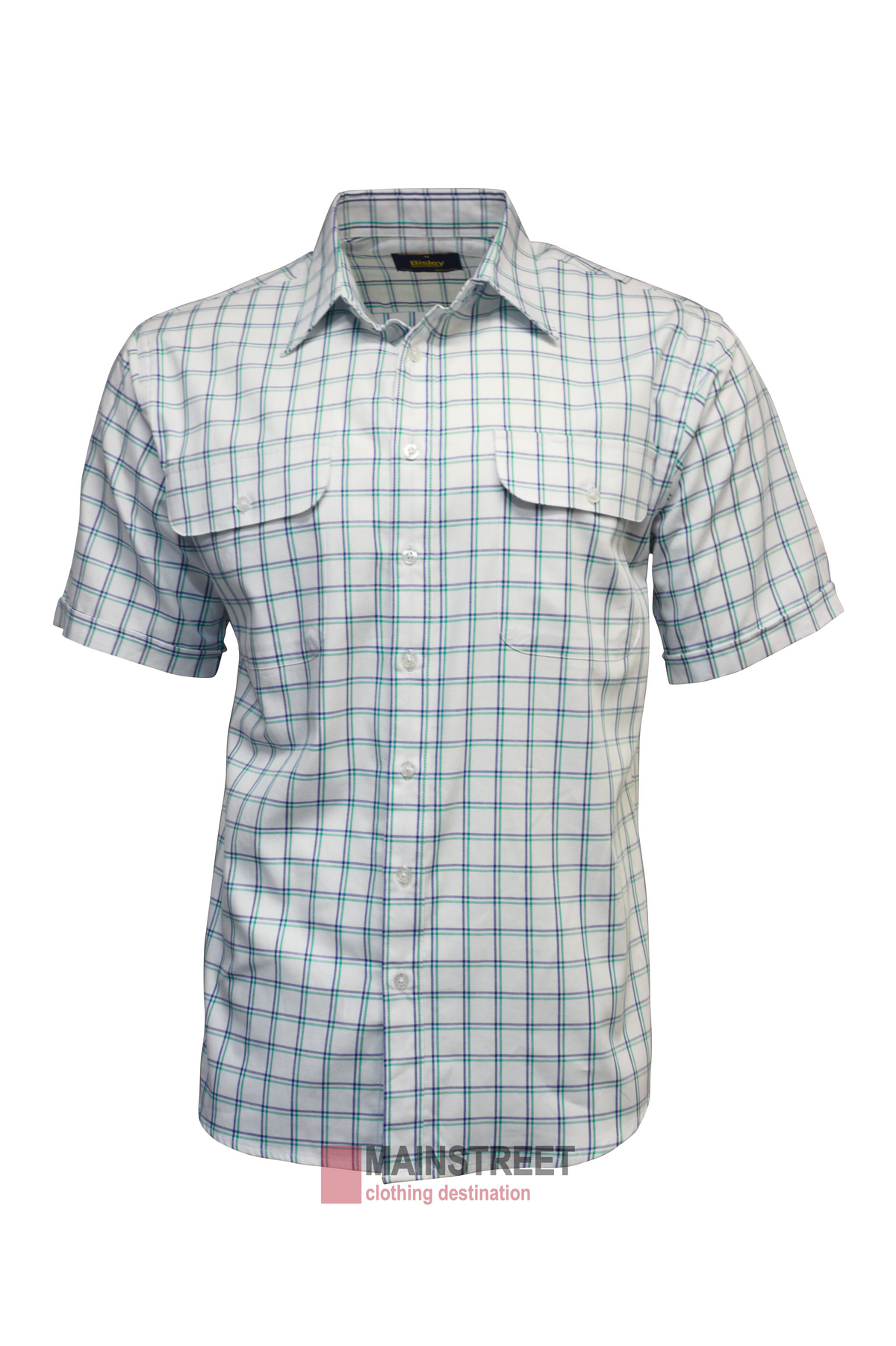 Introducing the Bisley Countryman Cotton Short Sleeve Shirt: featuring a white base with a blue-green checkered pattern, short sleeves, button-up front, two buttoned chest pockets, and a pointed collar. It combines classic charm with practicality.