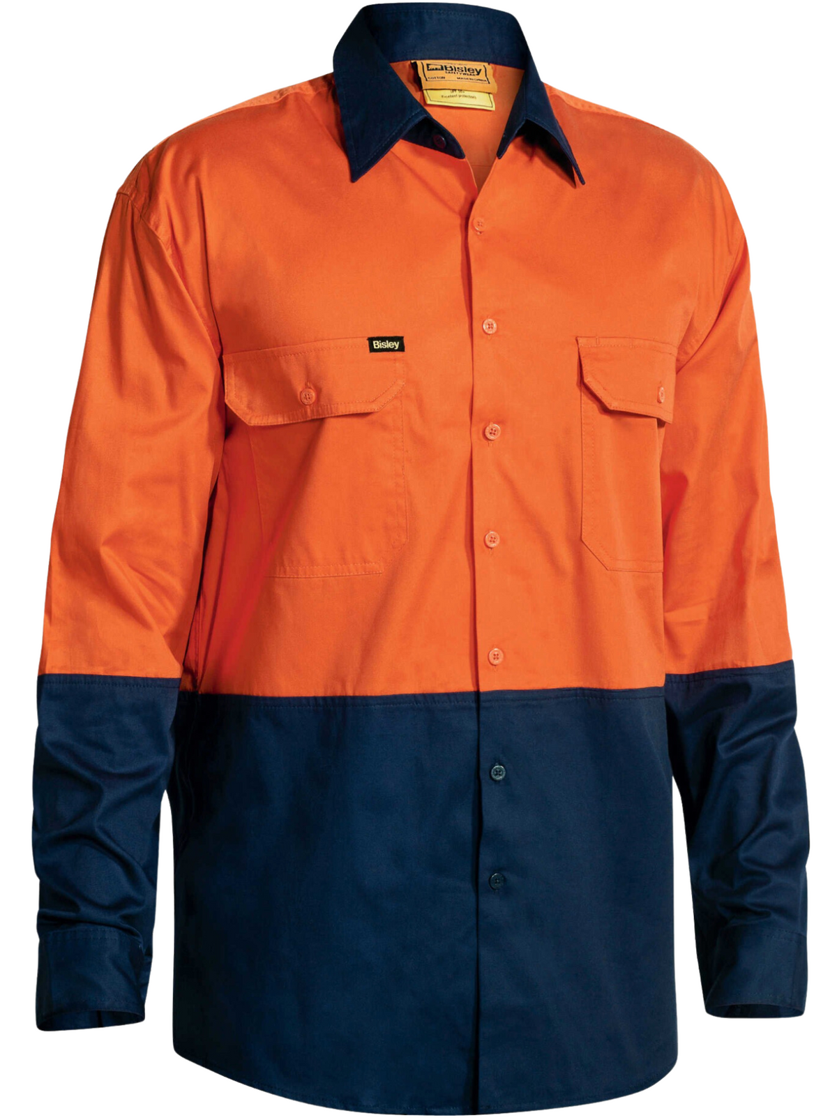 The Bisley Hi Vis Cool Lightweight Drill Shirt is a long-sleeve work shirt with an orange top and navy bottom, two chest pockets with flaps and buttons, a pointed collar, and made from durable lightweight cotton drill.