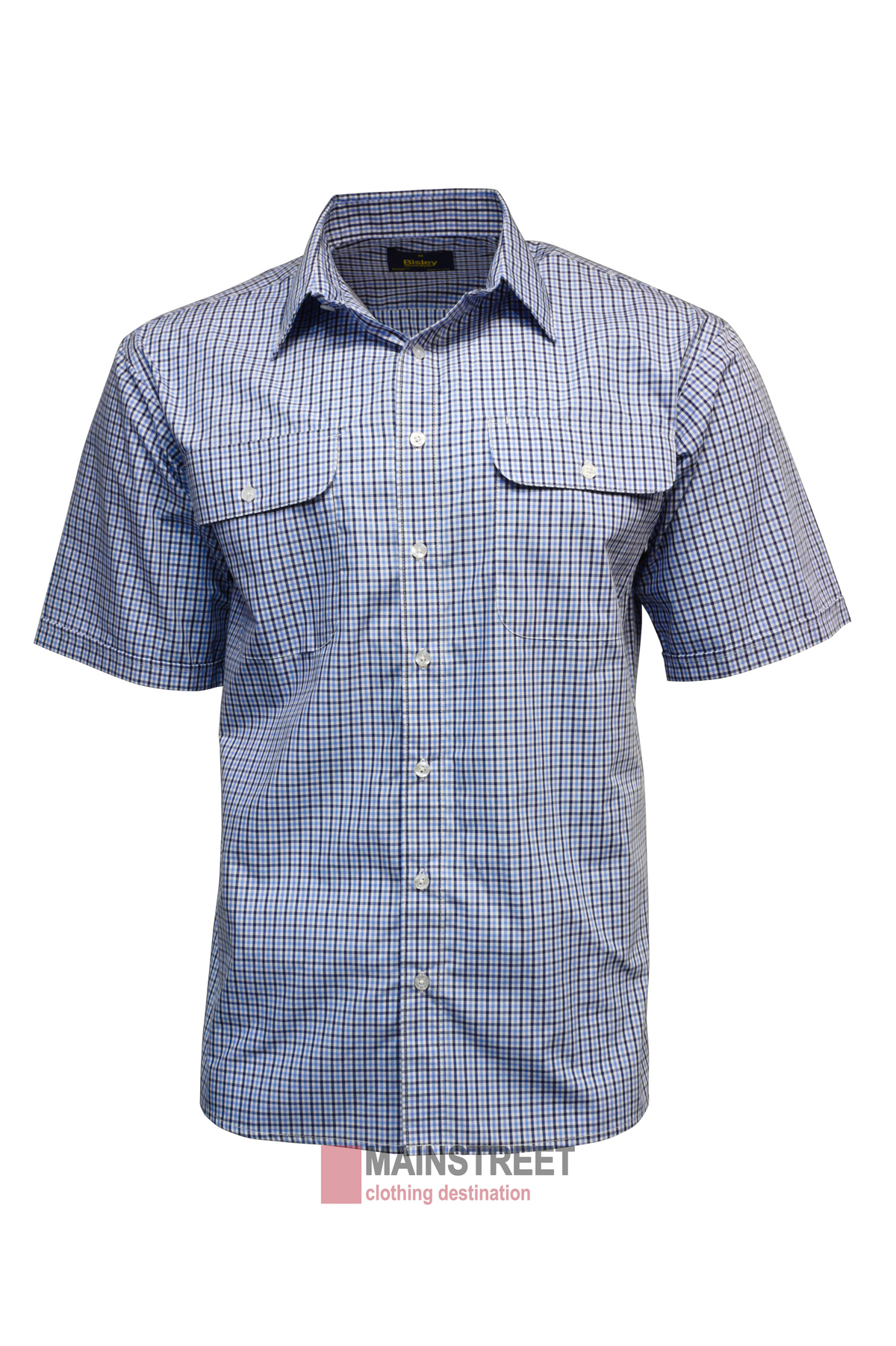 The Bisley Countryman Short Sleeve Shirt is made from a comfy polyester/cotton blend and showcases a blue and white checkered pattern, complete with two front chest pockets and center buttons.