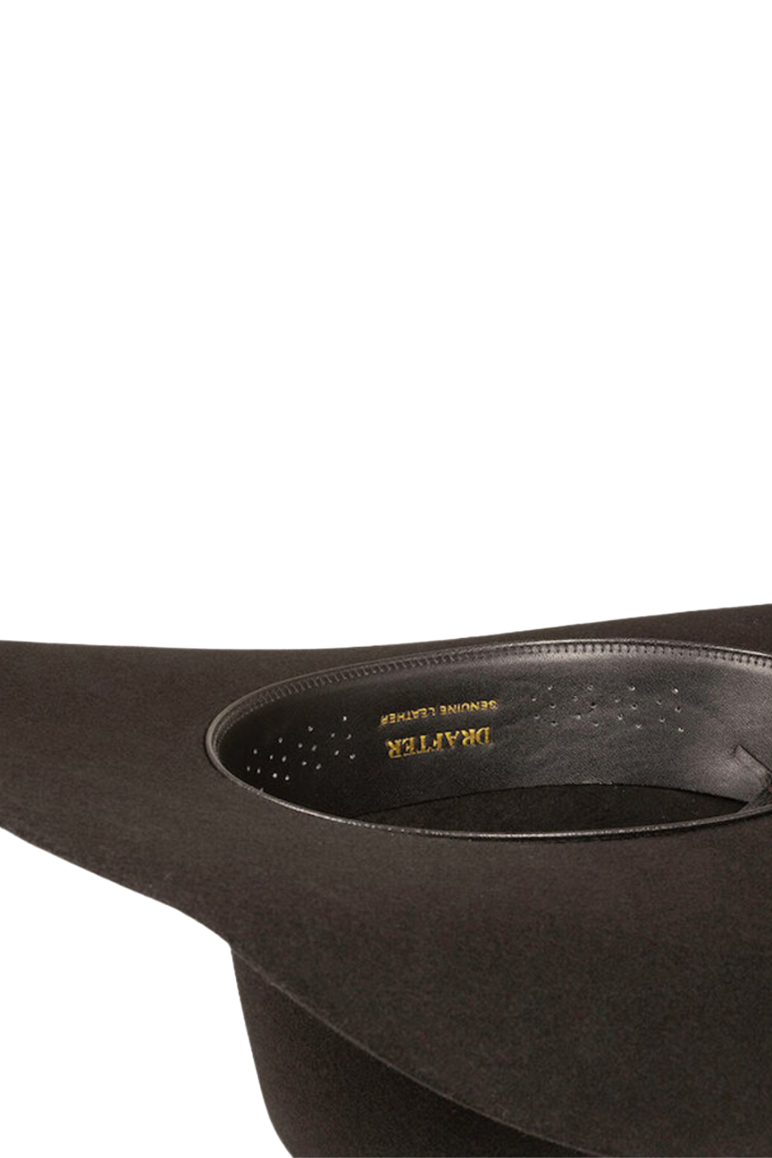 A close-up of the Ringers Western Drafter Wool Hat in black, shown upside down to display the inner band with gold lettering and perforated details, set against a white background.