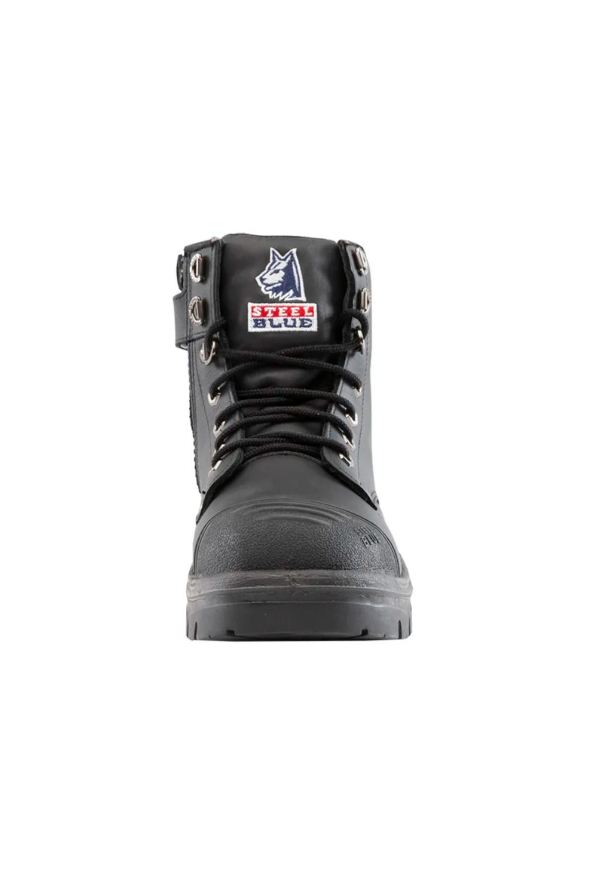 Front view of the Steel Blue Argyle Zip Scuff Cap Boot, showcasing its black color, metal eyelets, and patch logo on the tongue. This work boot features laces and has a sturdy, rugged sole engineered for durability and protection, making it ideal for construction workers. The background is white.