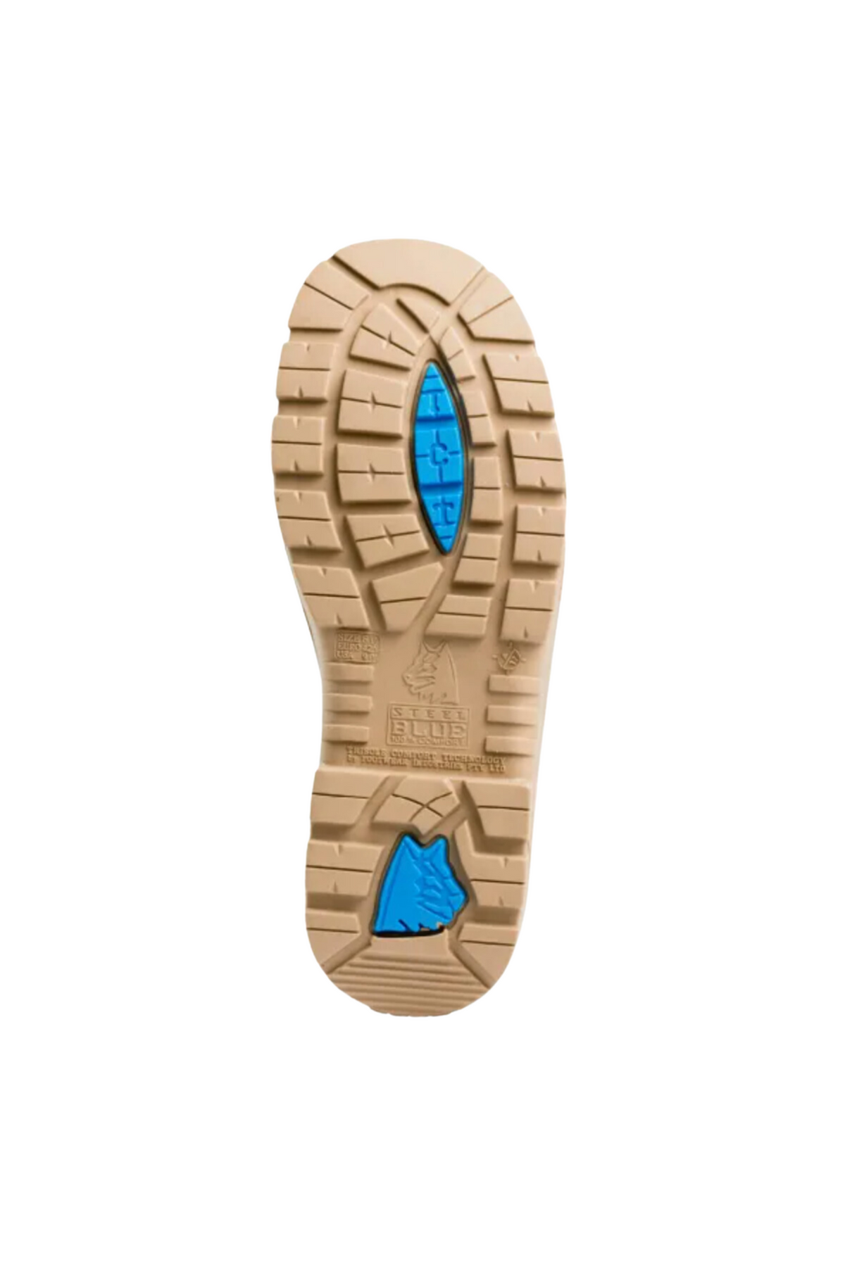 A close-up view of the sole of a beige Steel Blue Parkes Zip Scuff Cap Boot with blue accents. The heat resistant outsole features a rugged, traction-enhancing design with deep grooves and patterns for stability. Text and logo are visible at the center of the sole, showcasing its superior craftsmanship.